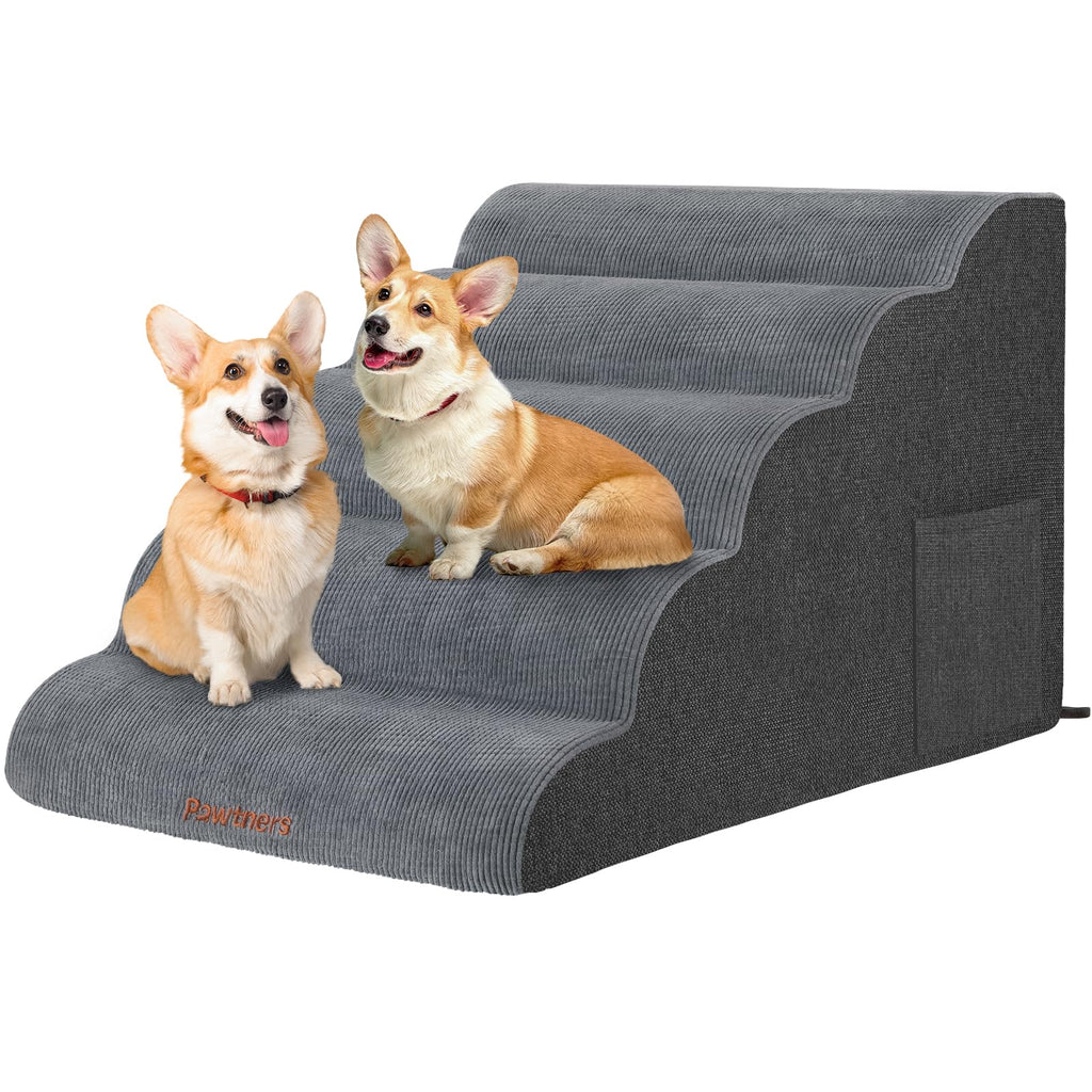 Dog Stairs for Small Dogs: Pawtners 5 Steps Dog Ramp for High Bed Foam Pet Stairs with for Large Cat and Medium Dogs Extra Wide Dog Steps for Dogs to Get on Bed for Couch Car Bed Sofa Grey