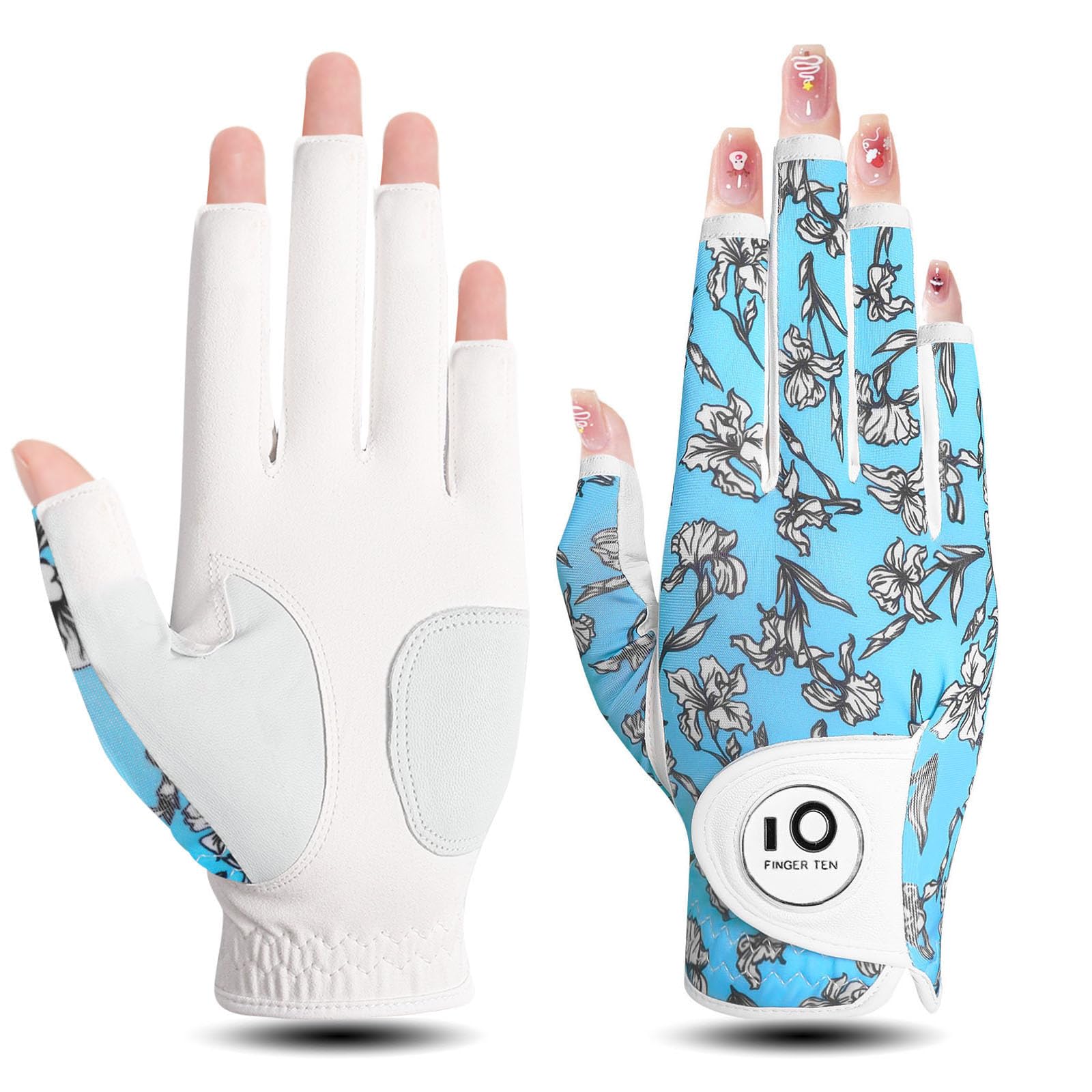 FINGER TEN Golf Gloves Women Left Right Hand Leather with Ball Marker Value Pack Colored Glove for Ladies Right Left Handed Golfer All Weather Grip (Half-Iris Large Right)