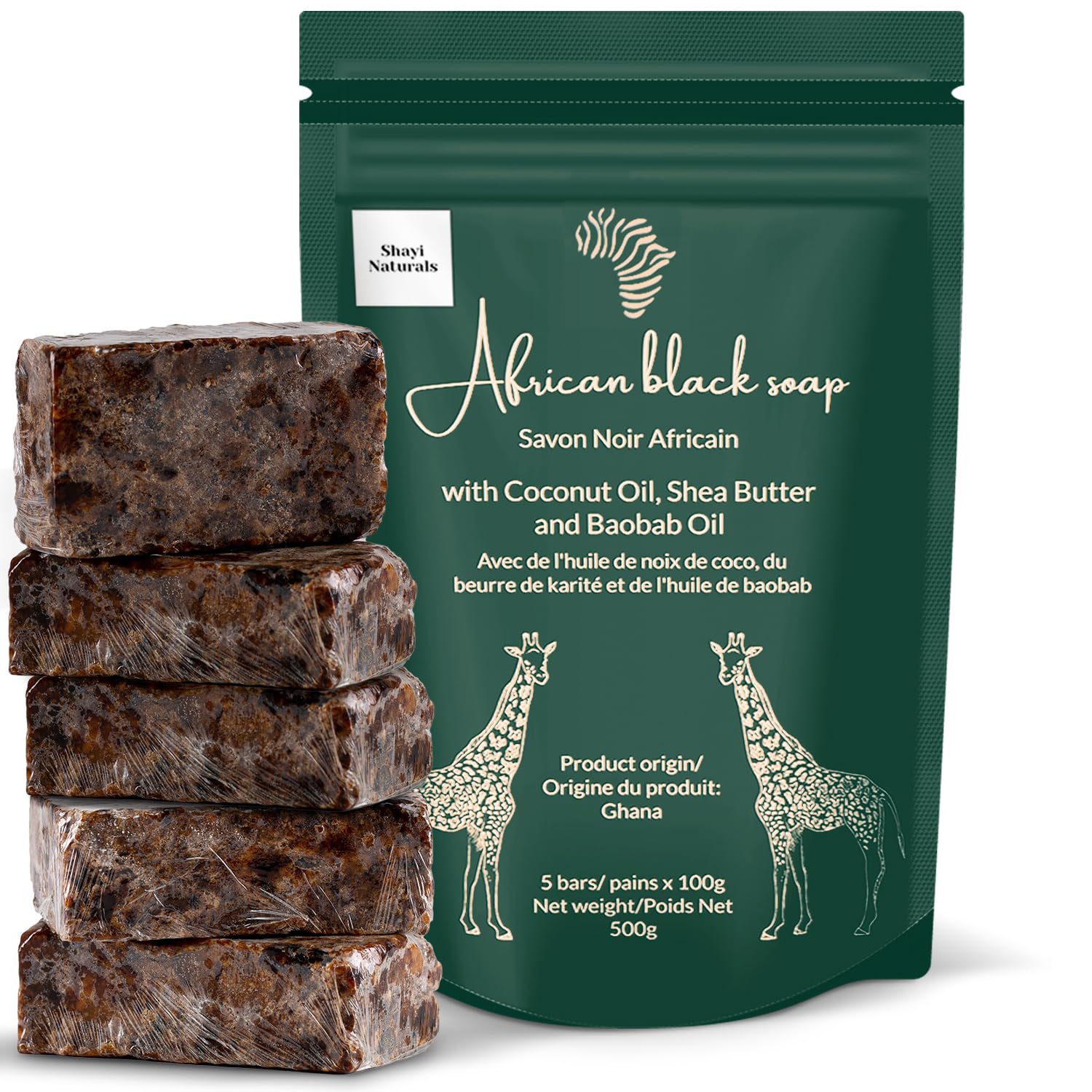 Shayi Naturals Black African Soap Bar (1lb Pre-Cut 5 Bars) – Authentic African Black Soap Face & Body Wash