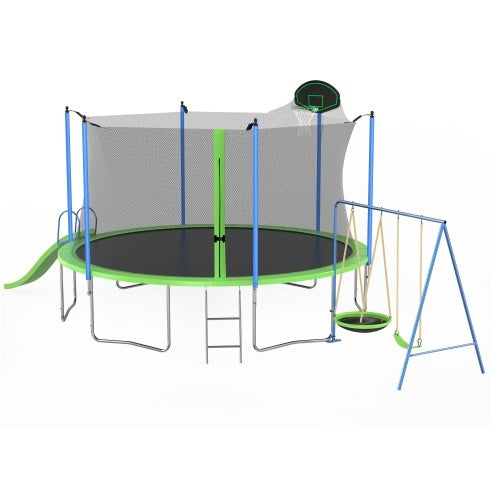 12FT Trampoline With Slide And Swings, ASTM Approved Large Recreational Trampoline With Basketball Hoop And Ladder,Outdoor Backyard Trampoline With Net, Capacity For Kids And Adults