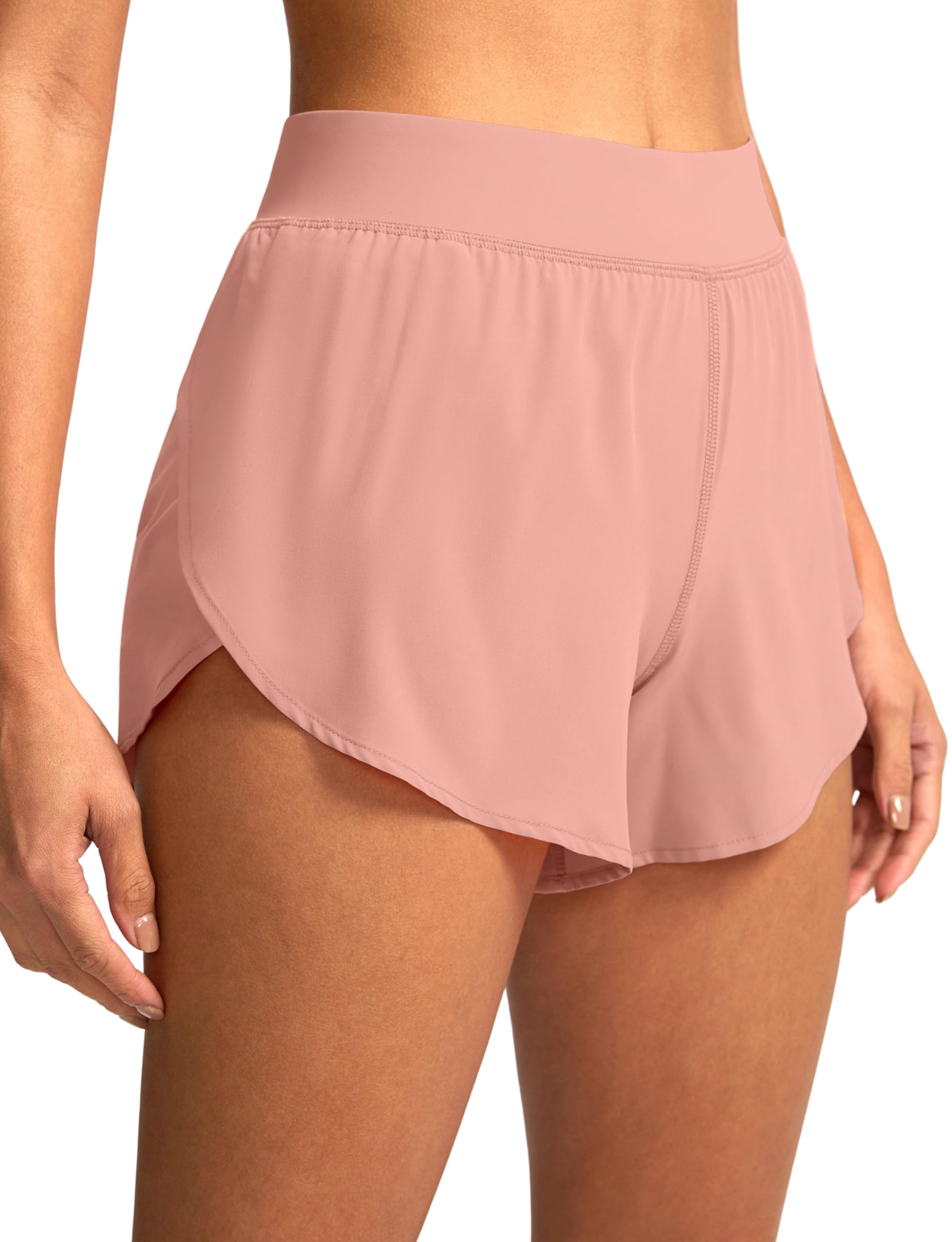 Soothfeel High Waisted Athletic Running Shorts for Women Dolphin Shorts High Split Quick Dry Gym Workout Shorts with Liner (Pink XS)