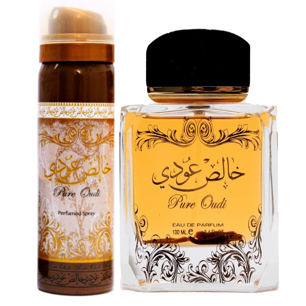 Lattafa Perfumes Pure Oudi (Khalis Oudi) Coffret 2 pièces unisexe (Eau de Parfum vaporisateur 100 ml + Déodorant corporel parfumé vaporisateur 50 ml)