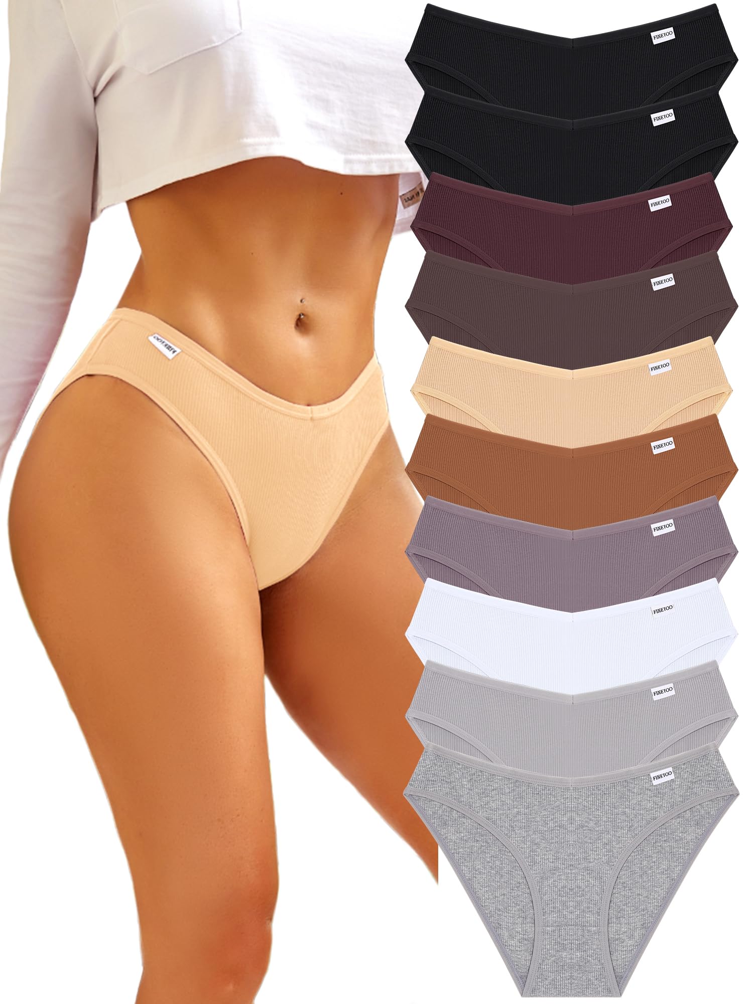 FINETOO Womens Underwear Cotton Bikini Rib Cheeky Panties Sexy V-shaped Waistband Hipster