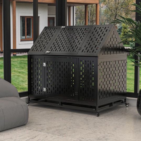 Heavy Duty Dog Crate 45 Inch Indestructible Pet Dog Cage Crate Kennel With Roof Top 2 Doors Removable Trays