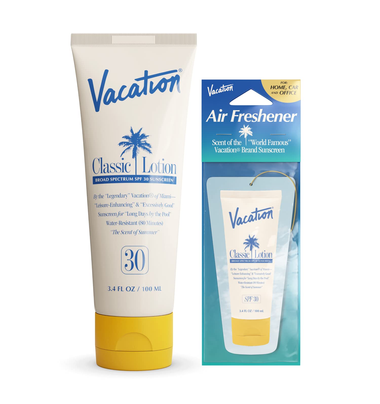Vacation Classic Sunscreen Lotion SPF 30 + Air Freshener Bundle Water Resistant Broad Spectrum Sunscreen Sun Block Vegan Sun Tanning Lotion Body Lotion with SPF SPF 30 Sunscreen 3.4 Fl. Oz.