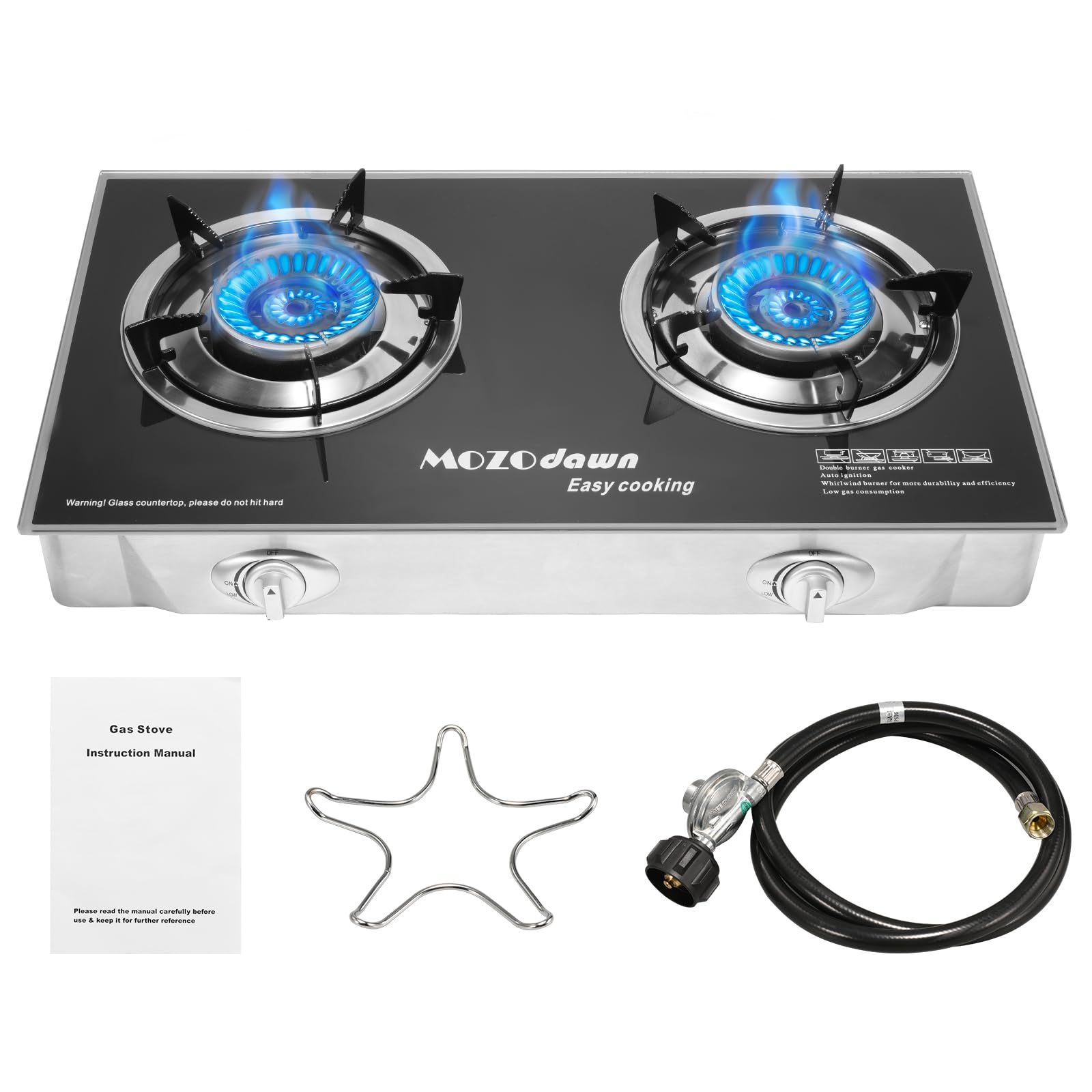MOZODAWN Propane Stove 2 Burner Gas Outdoor Portable Camping Stove 30000 BTU Propane Burner with Auto IgnitionLPG Gas Stove for Camping with LPG Adapter Hose