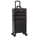 JINGUAN 3 in 1 Rolling Makeup Train Case Professional Cosmetic Trolley Large Storage with Keys Swivel Wheels Salon Barber Case Traveling Cart Trunk for Make Up Hairstylists Nail Tech Black