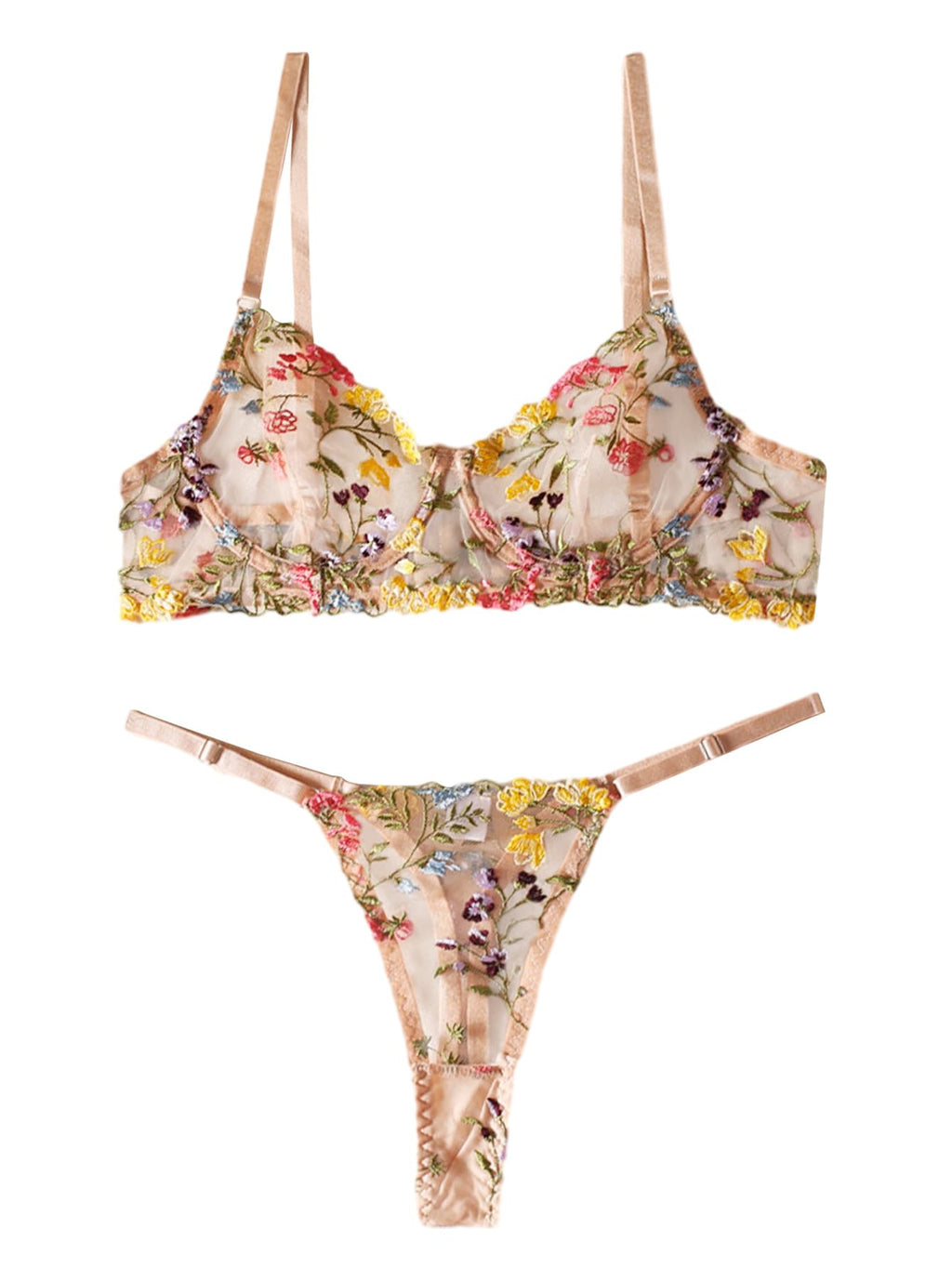 Lilosy Sexy Leaf Floral Mesh Sheer Women Underwire Push Up Embroidered Lingerie Set See Through Bra Panty 2 Piece Bowless Beige Small