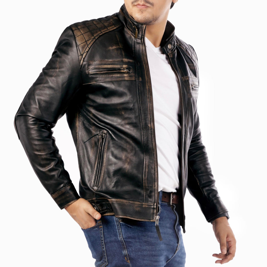 Jild Signature Diamond Style Café Racer Lambskin Leather Jacket Men - Mens Casual Real Leather Quilted Style Motorcycle Jacket (DM-Rub-S)