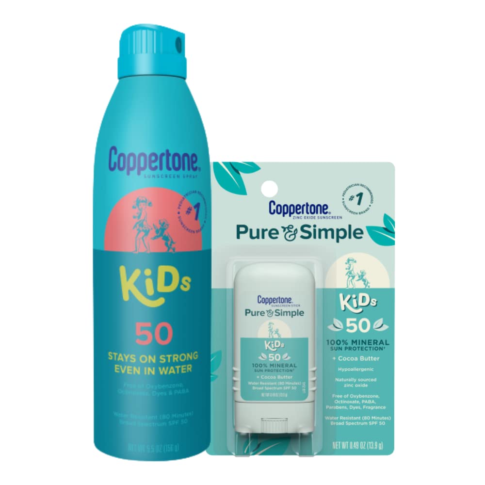 Coppertone Kids Sunscreen Pack Water Resistant Sunscreen for Kids Coppertone Kids Sunscreen Spray SPF 50 5 Oz Can + Coppertone Pure and Simple Kids Mineral Sunscreen Stick SPF 50 0.49 Oz