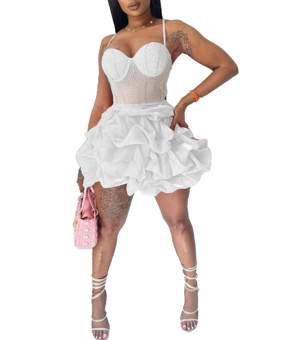 PORRCEY Ladies Sexy Hot Drill Craft Sleeveless Sexy Mini Dress Party Club Evening Dress(K2820WhiteXL)
