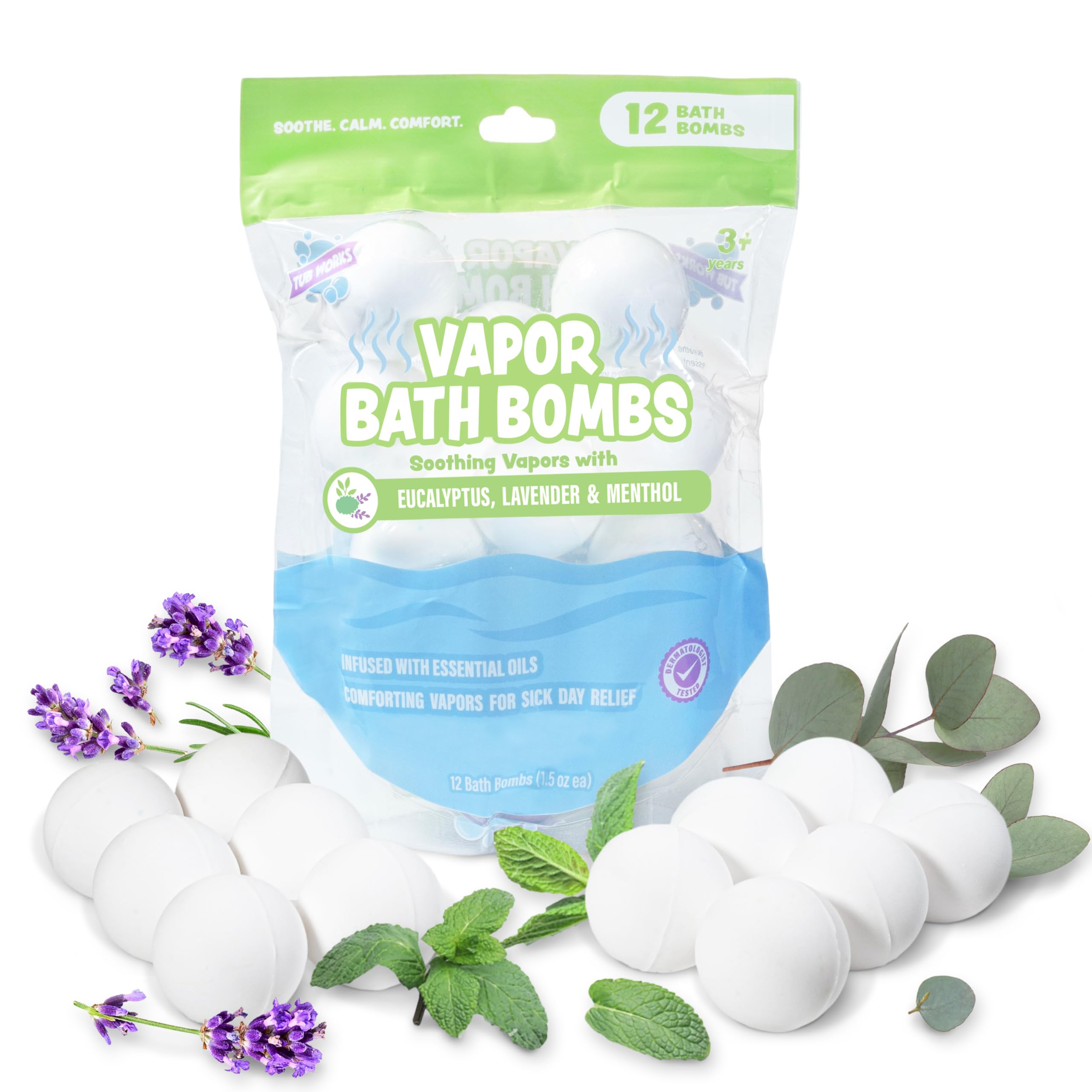 Tub Works® Vapor Bath Bombs for Toddlers & Kids 12 Pack | Natural Essential Oils for Aromatherapy | Calming Eucalyptus Bath Bomb with Lavender & Menthol for Cold Flu & Congestion Relief
