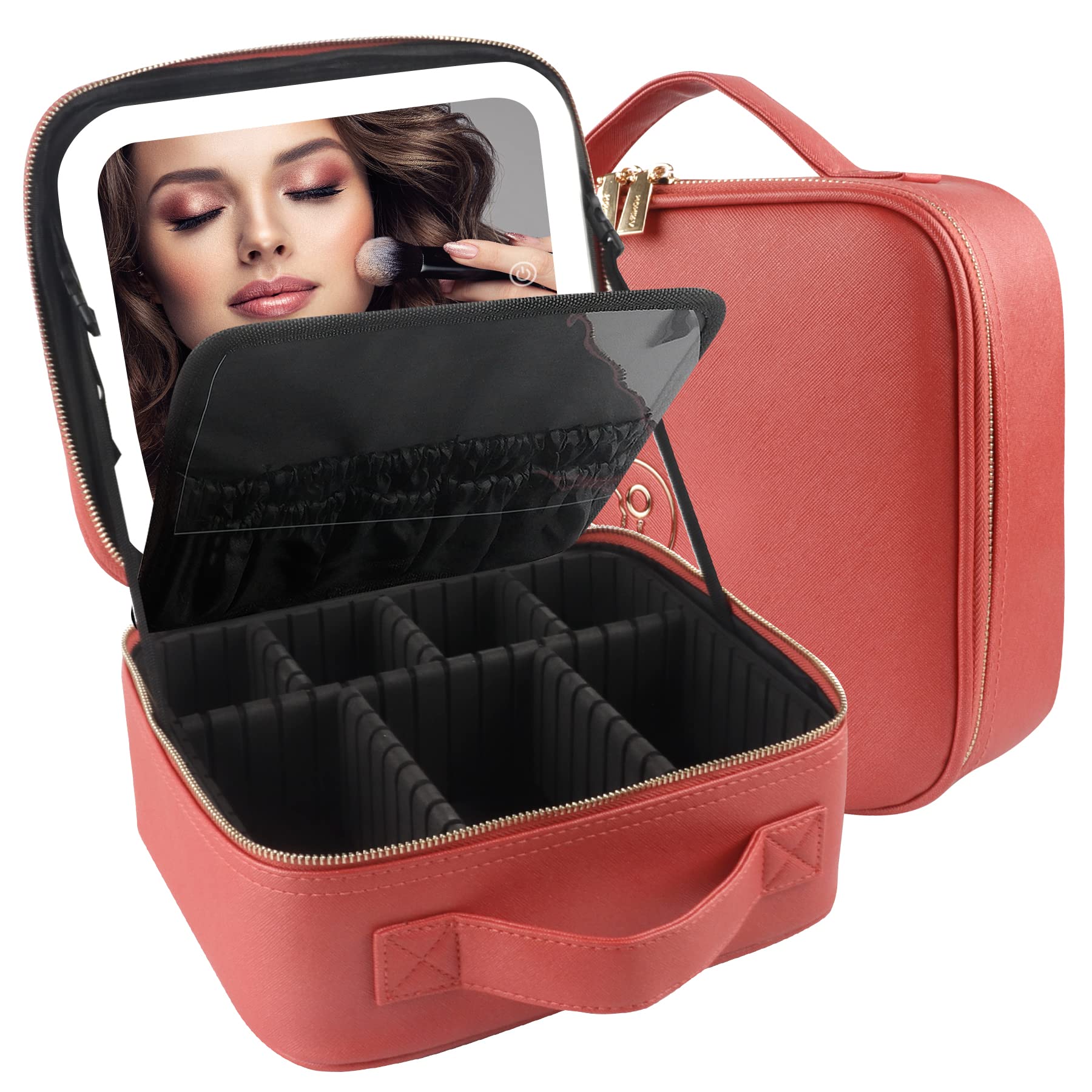 MOMIRA Travel Cosmetic Train Case with Lighted Mirror 3 Color Scenarios Cosmetic Bag Organizer with Adjustable Dividers Makeup Storage for Women Makeup Accessories & Tools Case Red
