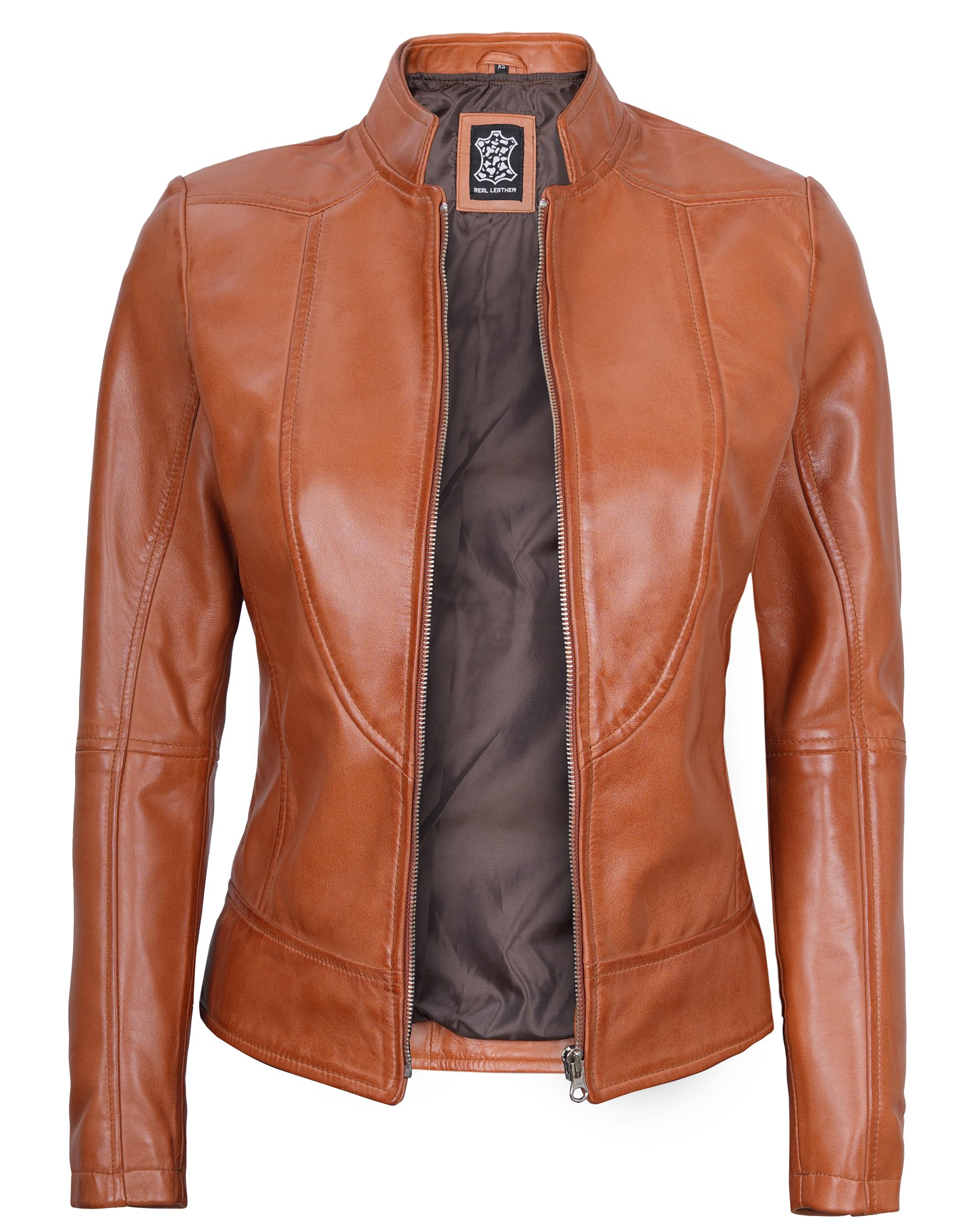 fjackets Cafe Racer Leather Jacket - Real Leather Jacket Women Brown | [1300864] Amy Brown L