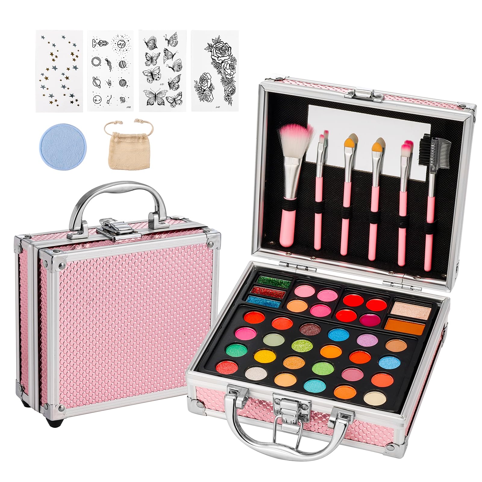 Anpro All-In-One Makeup Carry Case with Pro Teen Makeup Set Full Starter Cosmetics Kit with Makeup Brushes Eye Shadows Palette Blushes Glitter Gel Temporary Tattoo Stickers - Pink