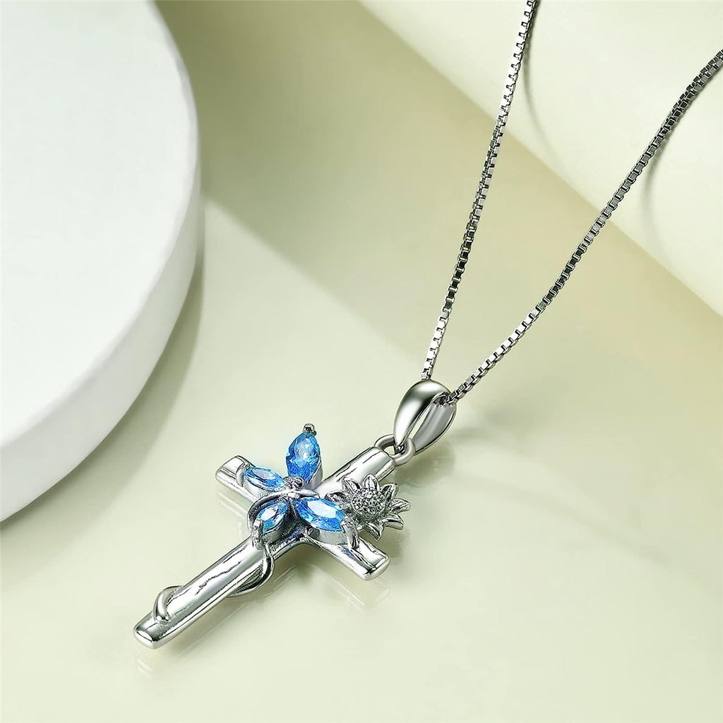 Blue Crystal Butterfly Sunflower Cross Pendant Necklace