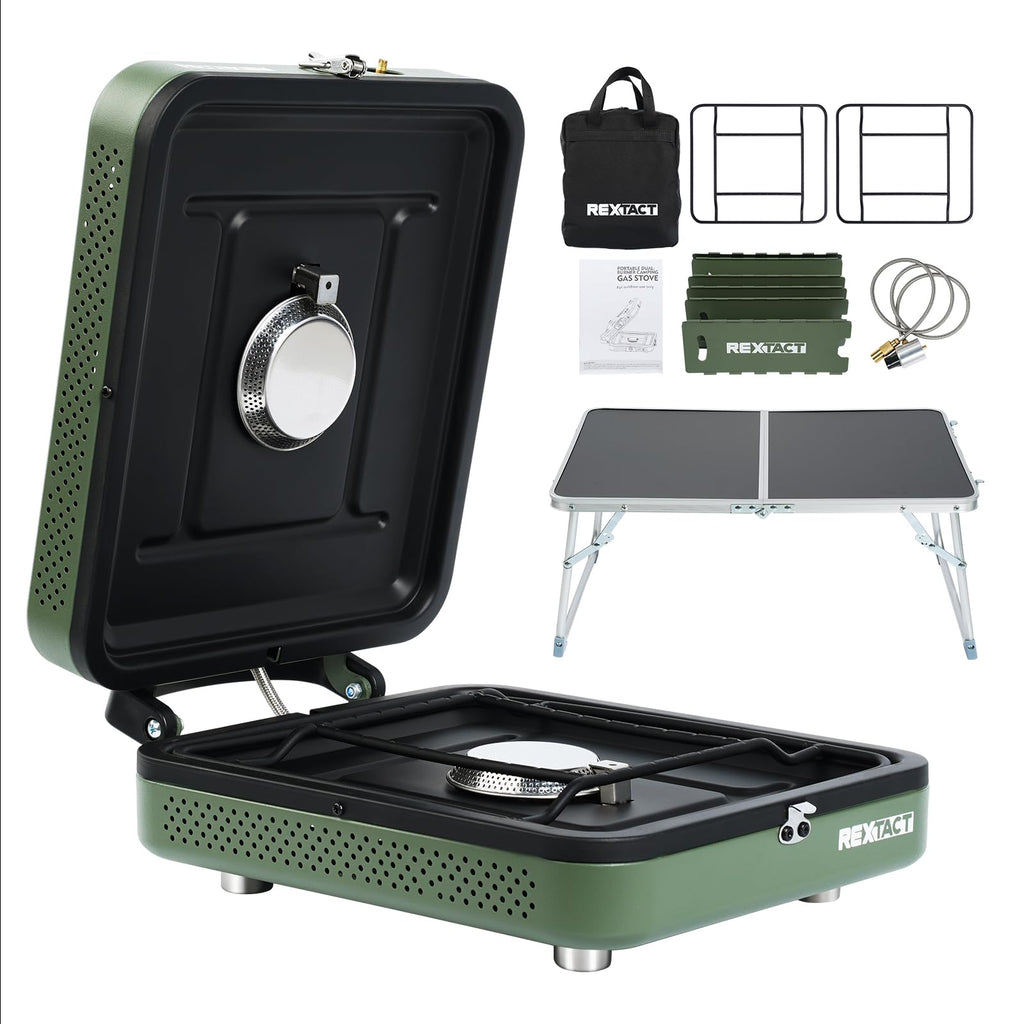 Réchaud de camping 2 feux RexTact avec sac de transport, pare-vent et table, réchaud de camping pliable au propane de 17200 BTU pour la cuisine en extérieur, réchaud à gaz portable avec brûleur réglable pour barbecue, vert