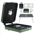 Réchaud de camping 2 feux RexTact avec sac de transport, pare-vent et table, réchaud de camping pliable au propane de 17200 BTU pour la cuisine en extérieur, réchaud à gaz portable avec brûleur réglable pour barbecue, vert