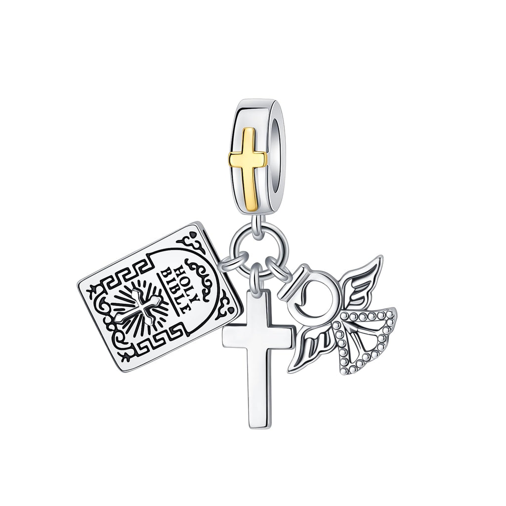 BIZK Bible Cross Angel Charm 925 Sterling Silver Charms for Bracelets and Necklaces for Birthday Valentines Day Fashion Jewelry for Women Friend and Mother