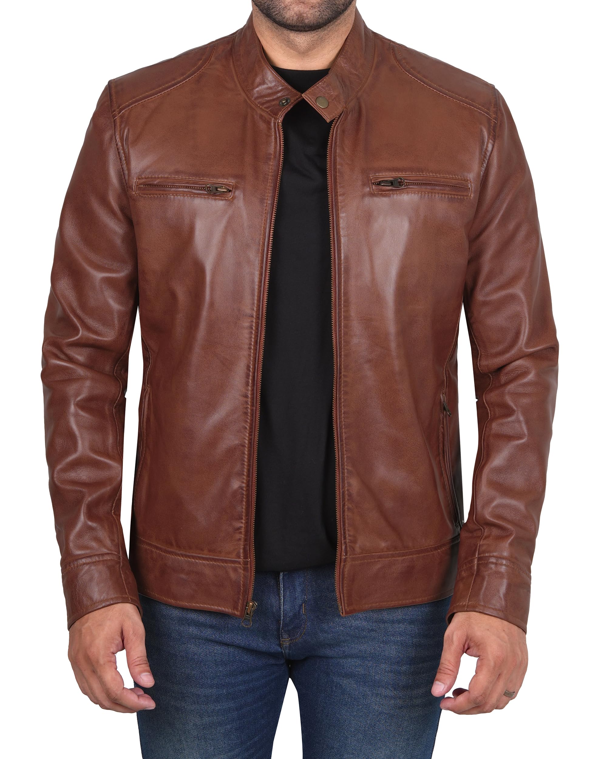 fjackets Leather Jackets for Mens - Biker Real Lambksin Cognac Leather Jacket Men | [1100496] Dodg Tan Wax 2XL