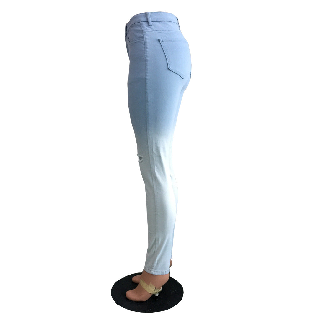 Blue-White Gradient Distressed Jeans for Cross-Border E-Commerce