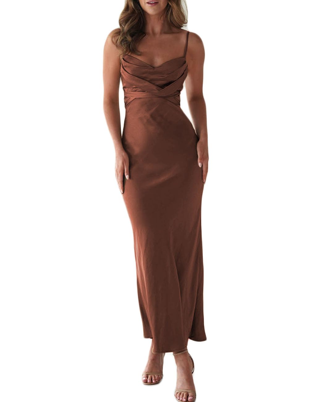 Satin Cowl Neck Sleeveless Backless Maxi Wedding Guest Dress Silk Open Back Tie Back Prom Formal Dresses for Women 2024 Olive