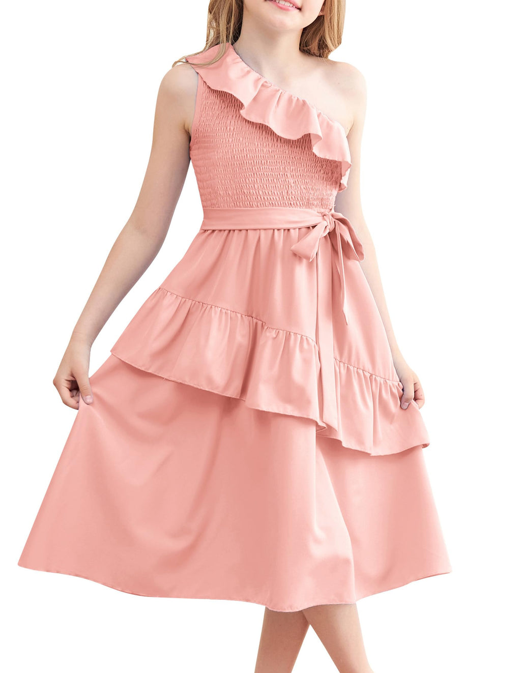 GRACE KARIN Pink Dress for Girls Summer One Shoulder Party Fancy Dresses Size 7 Wedding Dress
