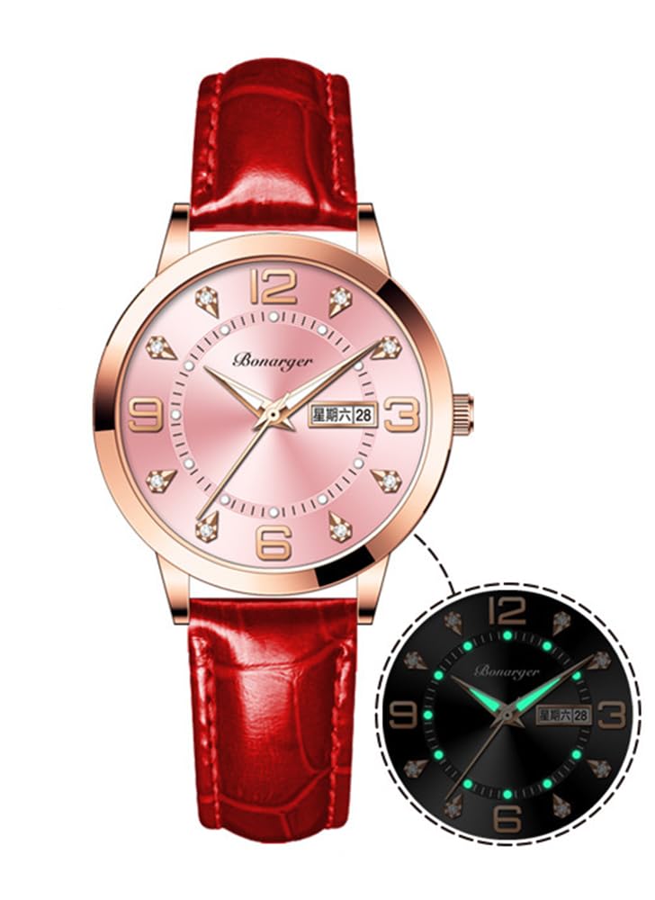 BESTKANG Women Watches Ladies Dress Analog Quartz Date Classic Luminous Leather Strap 3ATM Waterproof Female Wrist Watch (Red and Pink)