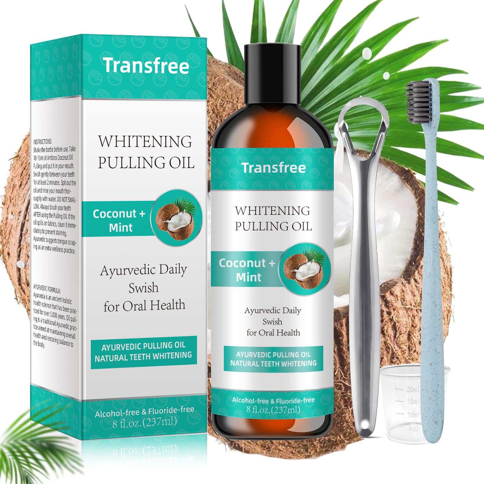 Coconut Mint Pulling Oil Mouthwash Helps with Fresh Mouth Breath Teeth Gum Whitening Healt Natural & Alcohol-Free with Guru Tongue Scraper Toothbrush (8 Fl.Oz)