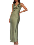 Satin Cowl Neck Sleeveless Backless Maxi Wedding Guest Dress Silk Open Back Tie Back Prom Formal Dresses for Women 2024 Olive