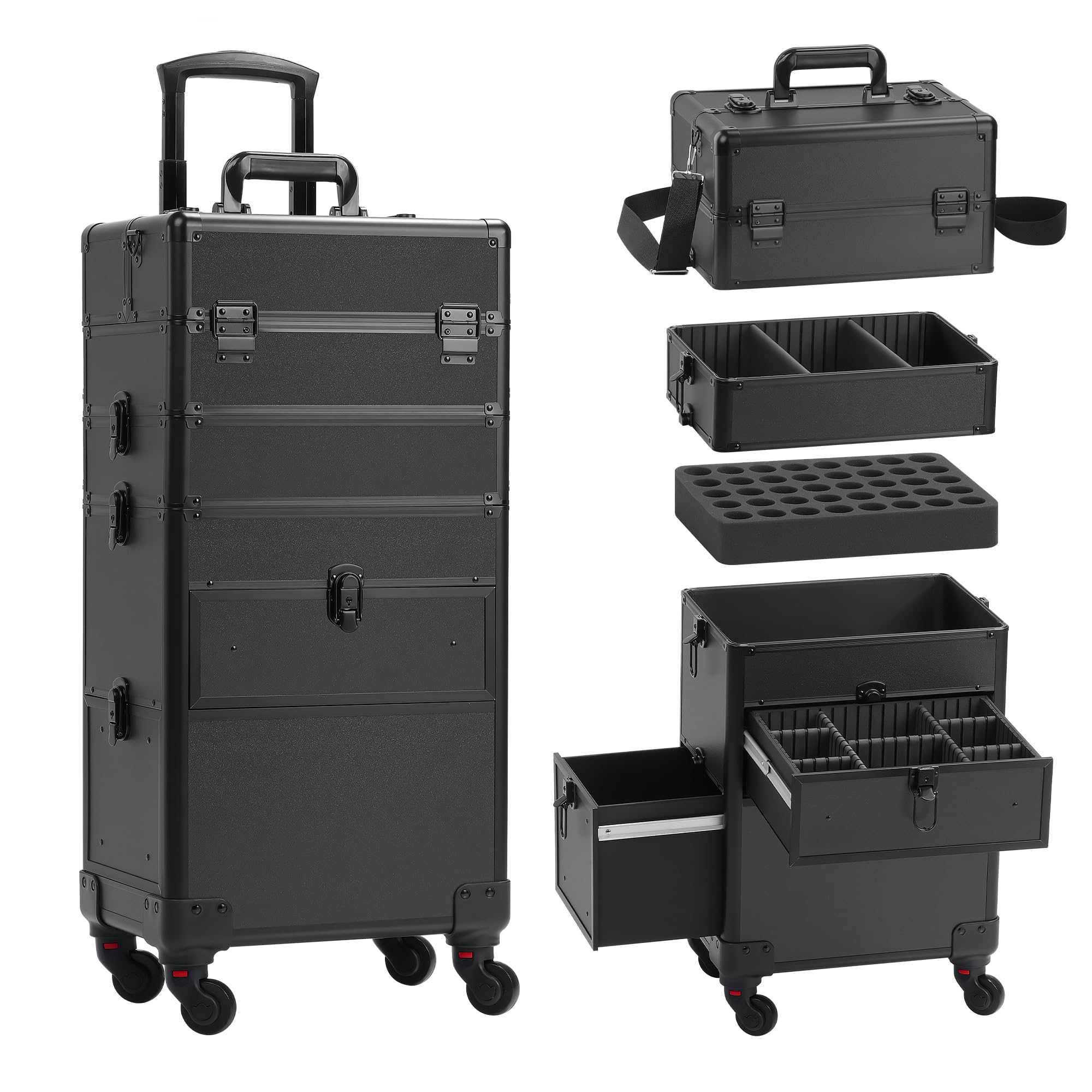 Somduy Rolling Makeup Case with Drawer Makeup Train Case 4 in 1Cosmetology Case on Wheels Christmas Gift Large Makeup Case Organizers Profesional Cosmetic Case for Salon Barber Bright Black