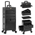 JINGUAN 4 in 1 Rolling Makeup Case with Drawers Multi-functional Cosmetic Trolley with Wheels and Keys Large Storage Traveling Cart Trunk for Nail Technicians Makeup Artist and Hairstylist Black