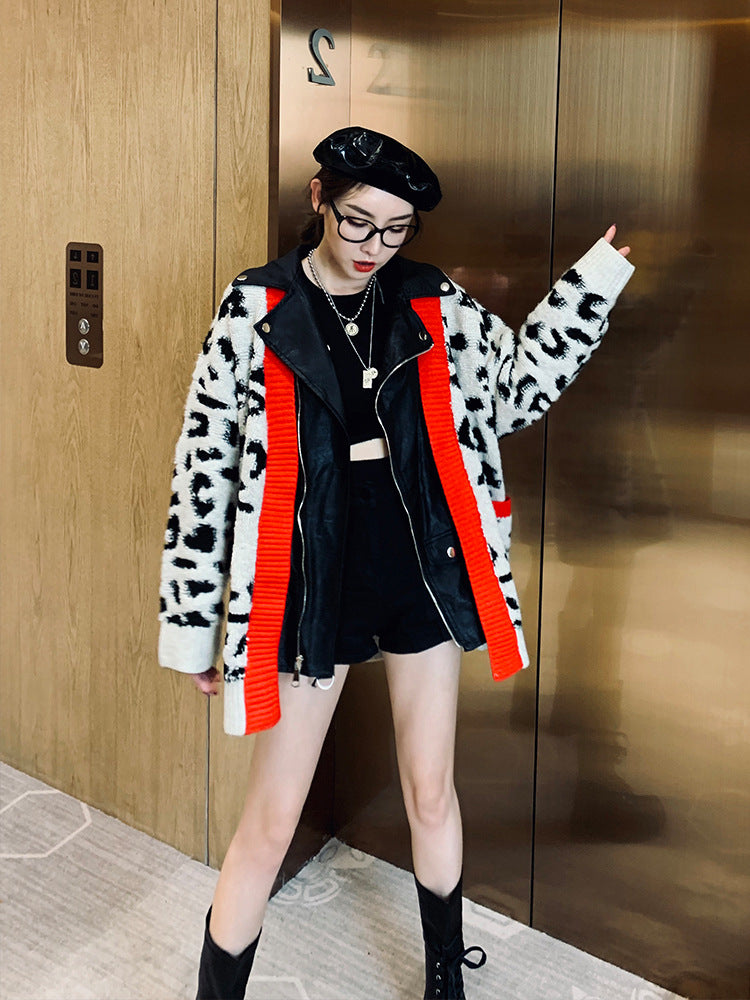 Leopard Print PU Leather Jacket with Zipper Pockets