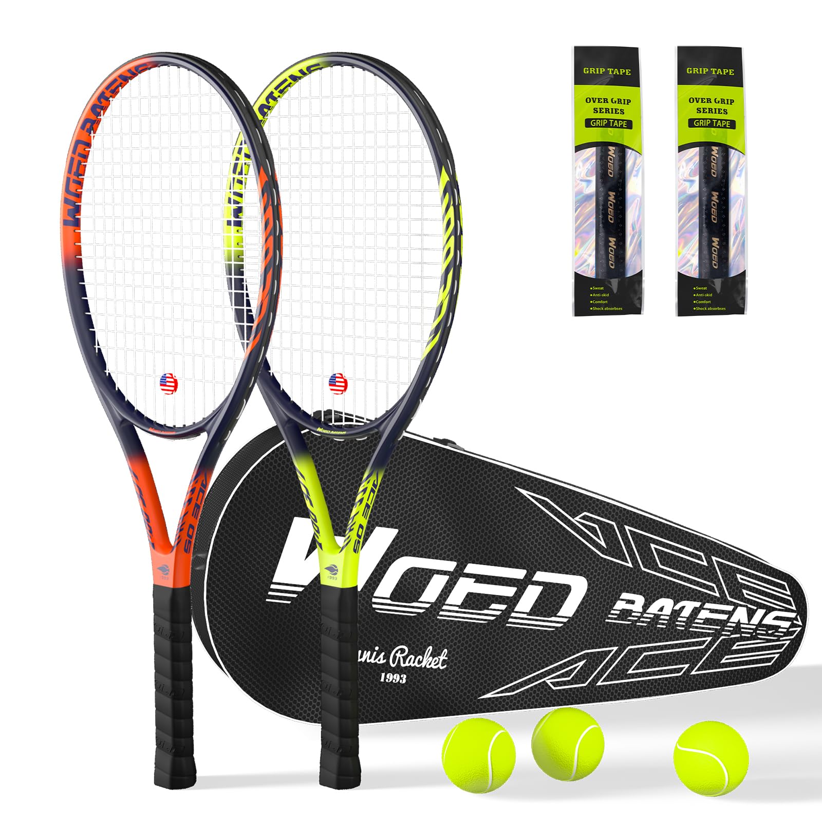 Pro Tennis Racket for Adults 2 Player 27 inch Speed Tennis Racquet Acceptable for Beginner and Professional with 3 Tennis Balls 2 Vibration Dampes 2 Overgrips Tennis Bag