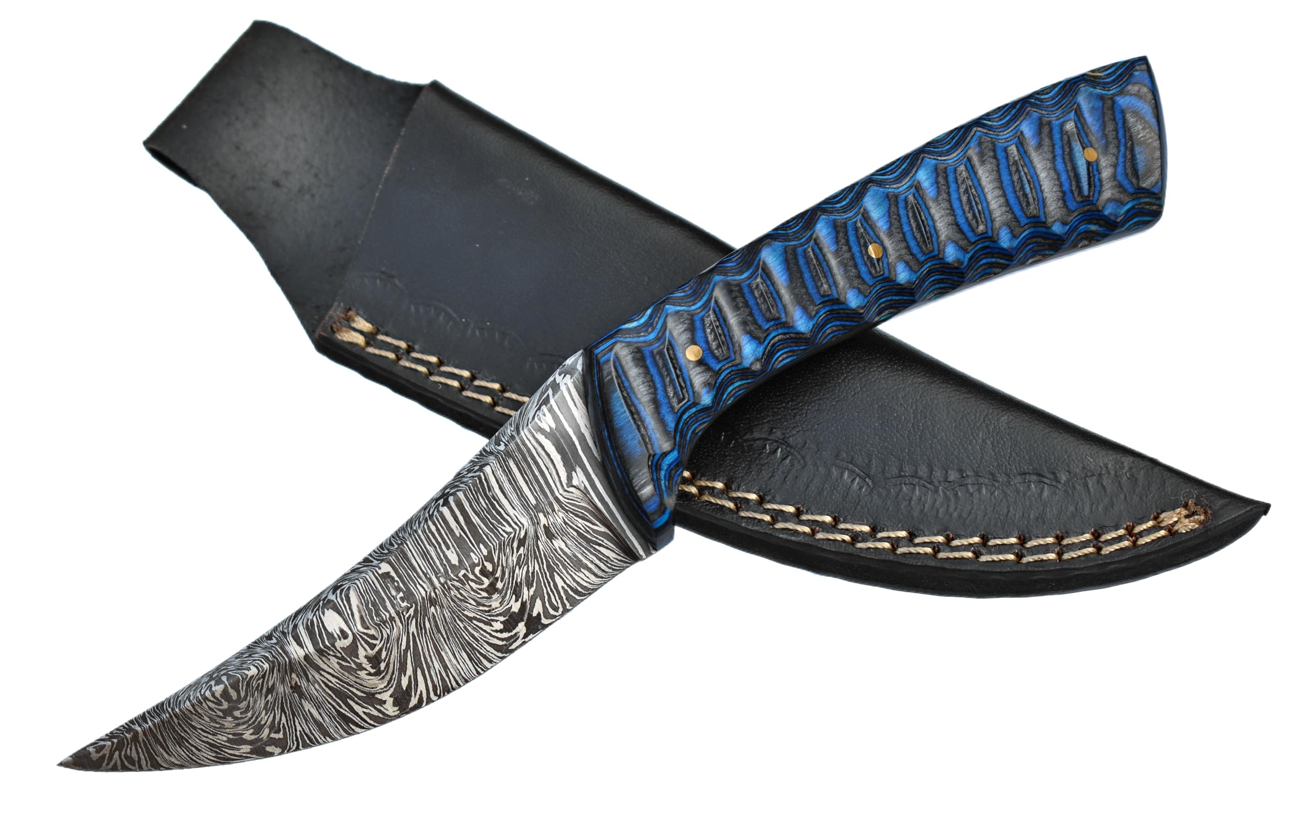 Silver Edge Knives Damascus knife Fixed Blade Hunting Knife with Sheath - Handmade Full Tang Skinning Knife - Bushcraft Knife Blue Pakka Wood Handle - Camping outdoor Knife EDC