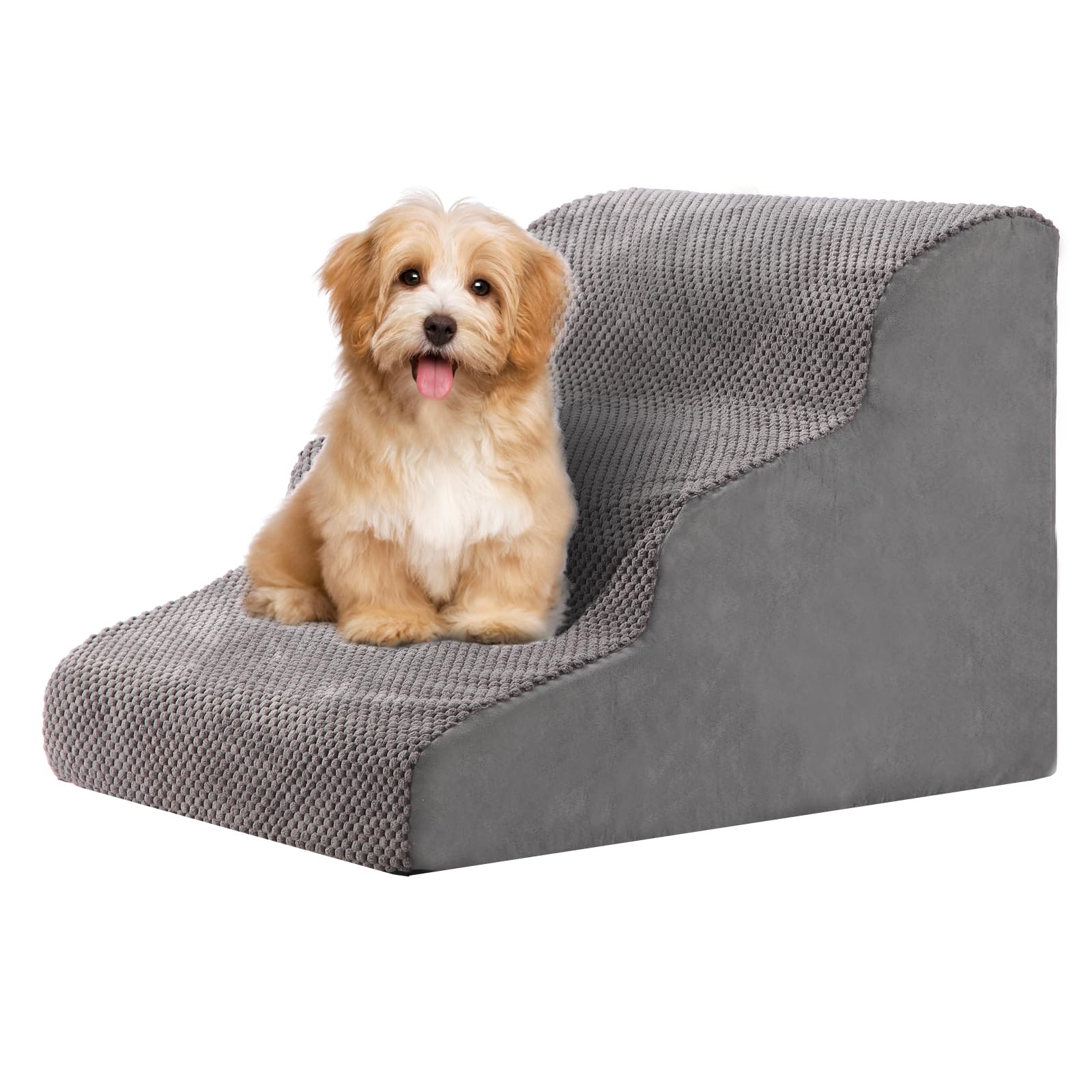3 Steps Dog Stairs for Small Dogs 15.7 inch High Pet Stairs 30D Foam Dog Dtairs & Steps Curved Steps and Small Step Angle Protect Your Pets Joints Dog Ramp for Bed，with Non-Slip Bottom Grey