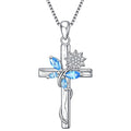 Blue Crystal Butterfly Sunflower Cross Pendant Necklace
