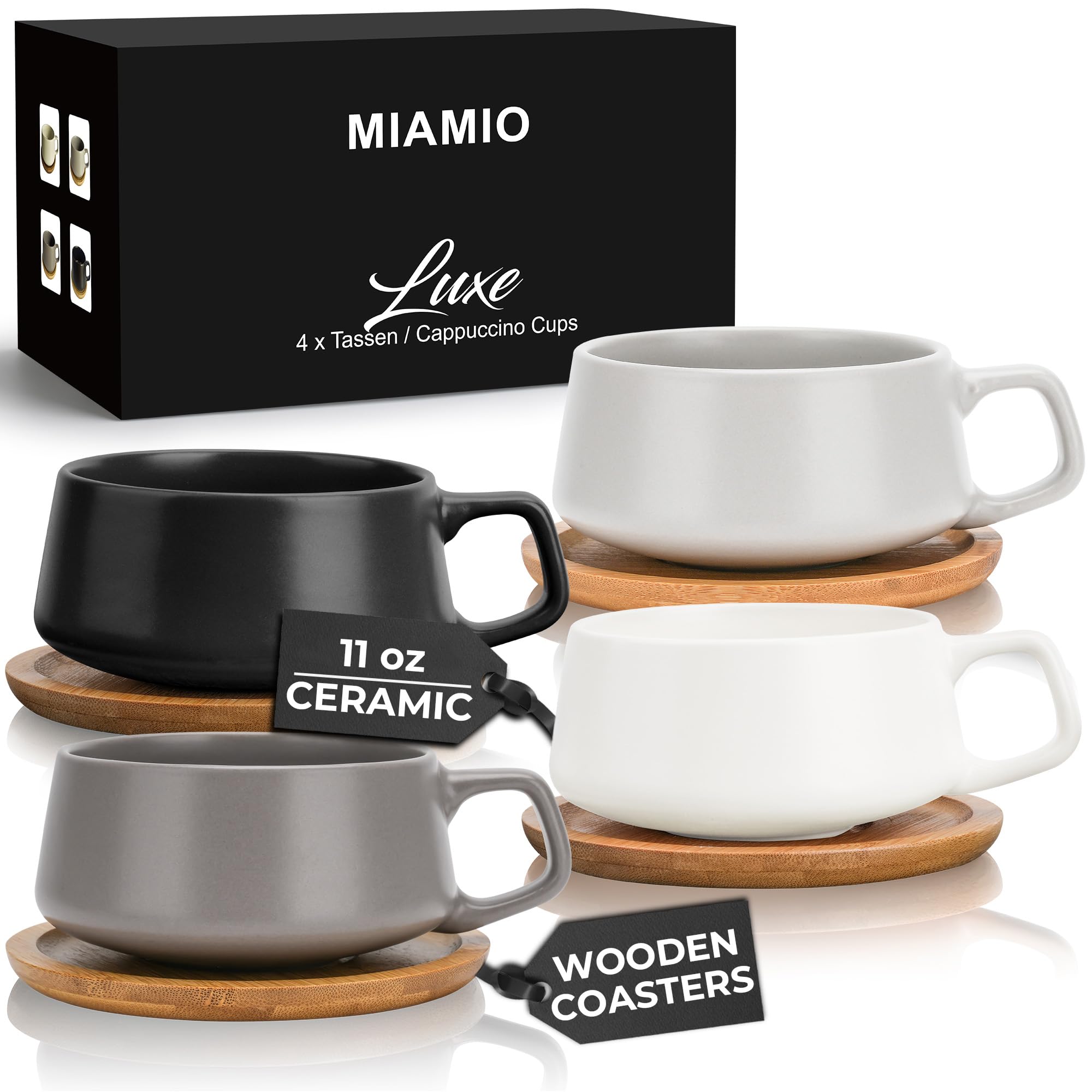 MIAMIO – Lot de 4 tasses à thé et soucoupes en céramique de 325 ml bambou/tasses à thé – Larges tasses à cappuccino tasses à café en céramique pour cappuccino, latte, espresso et americano – Collection Luxe (Pastel classique)