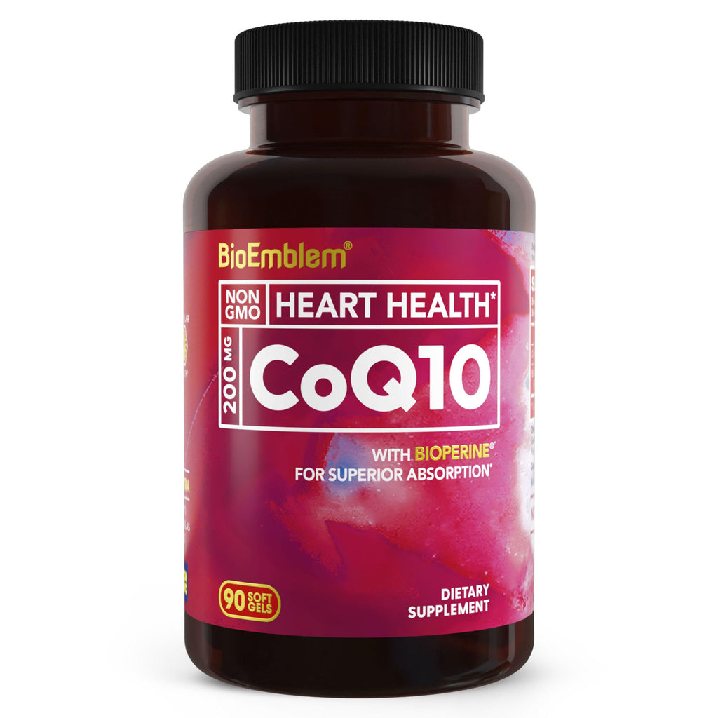BioEmblem CoQ10 with BioPerine - 200mg Softgels Superior Absorption - Coenzyme Q10 Antioxidant for Energy Production Heart Health - Natural Form Non-GMO CoQ10 Supplement - 90 Count
