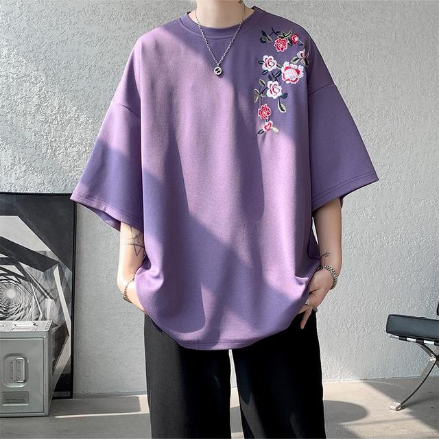 Embroidered Flower Oversized T-Shirt for Couples