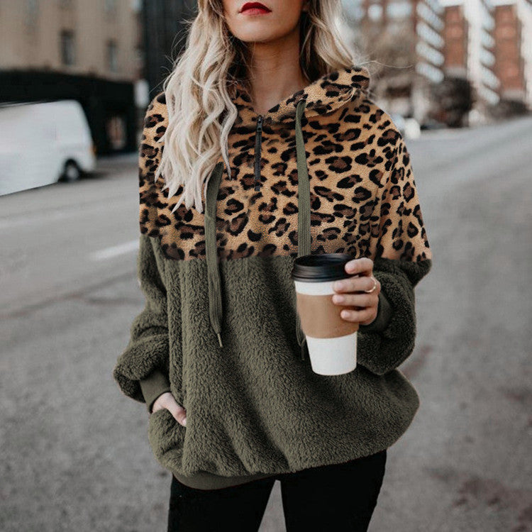 Women's Plush Hoodie with Leopard Print and Zipper Pockets