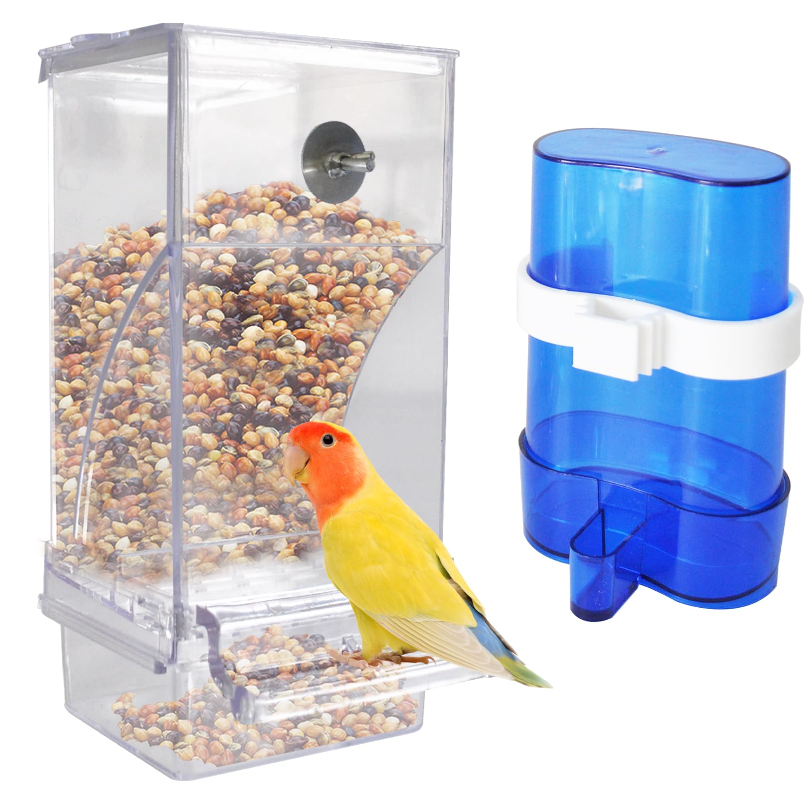 kathson No Mess Bird Feeder Water Dispenser SetAutomatic Parakeet Feeders Drinker Cage Acrylic Parrot Seed Food Dispenser Container Accessories for Small Lovebirds Canary Budgies Finch Squirrel(2Pcs)