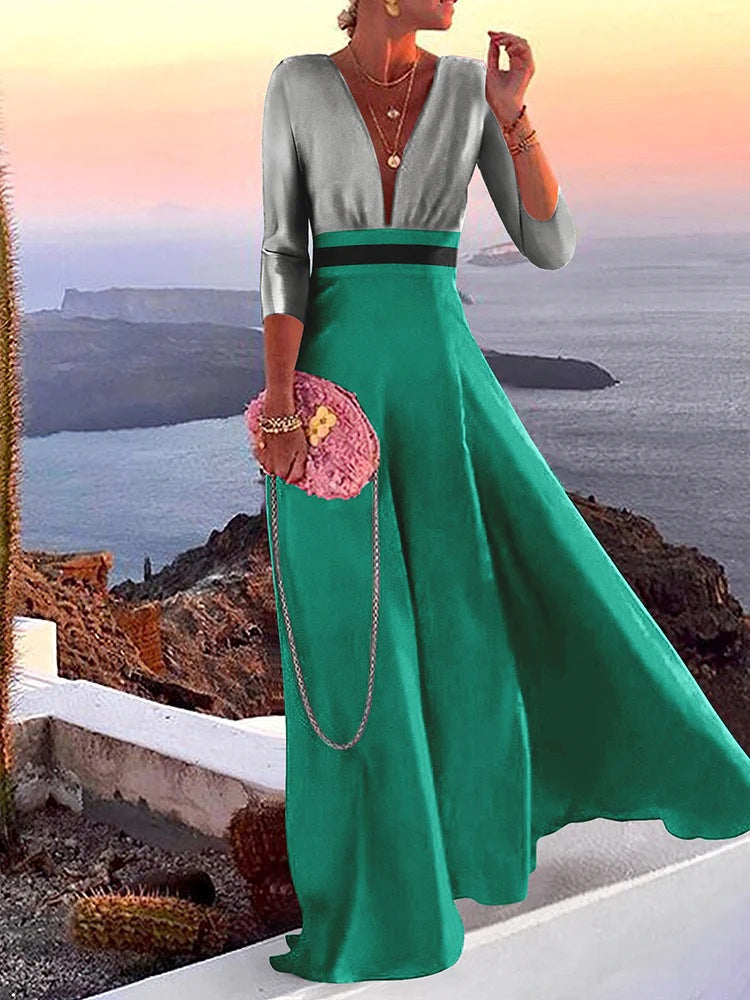Fashionable Women's Long Sleeve Color Block Dress