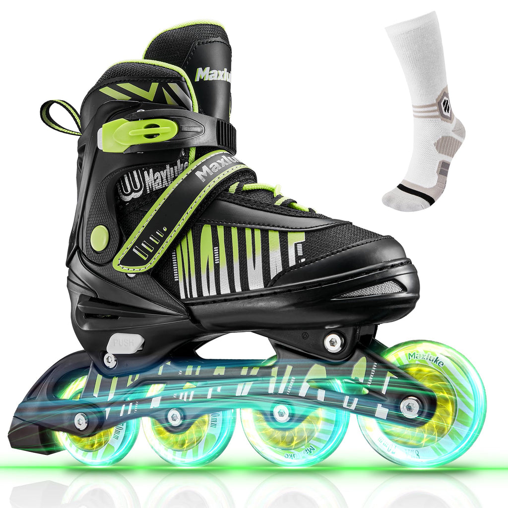 Maxluke Inline Skates for Girls Boys Kids 4 Size Adjustable Inline Skates with Light Up Wheels Fun Illuminating Roller Skates for Beginners Youth Toddlers (Small - Green)
