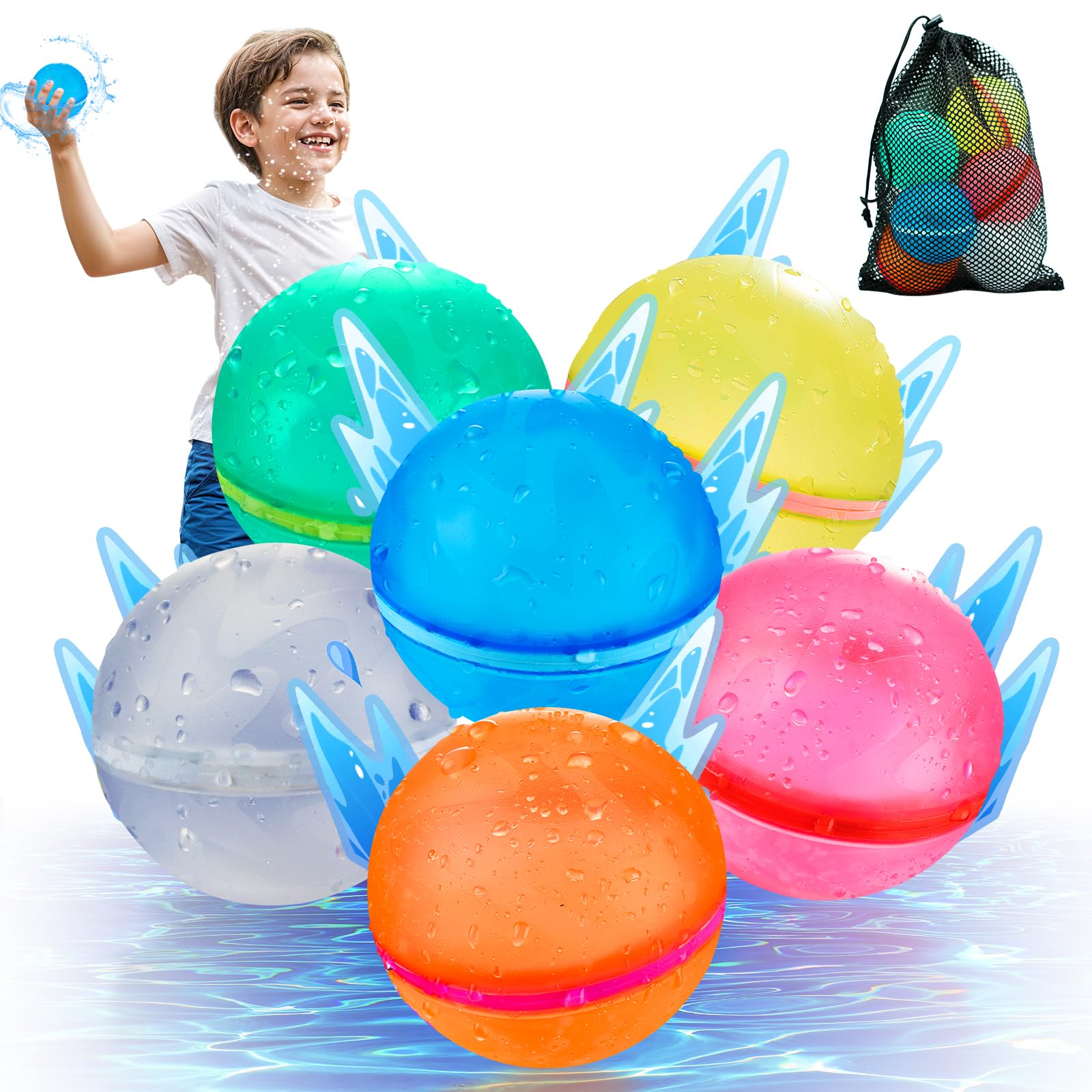 【Lot de 6】WABALLO Ballons à eau réutilisables à remplissage rapide pour enfants Activités de plein air Magnétiques sans latex Jouets de piscine de plage pour enfants Bombe à eau auto-scellante à remplissage rapide pour fête d'été