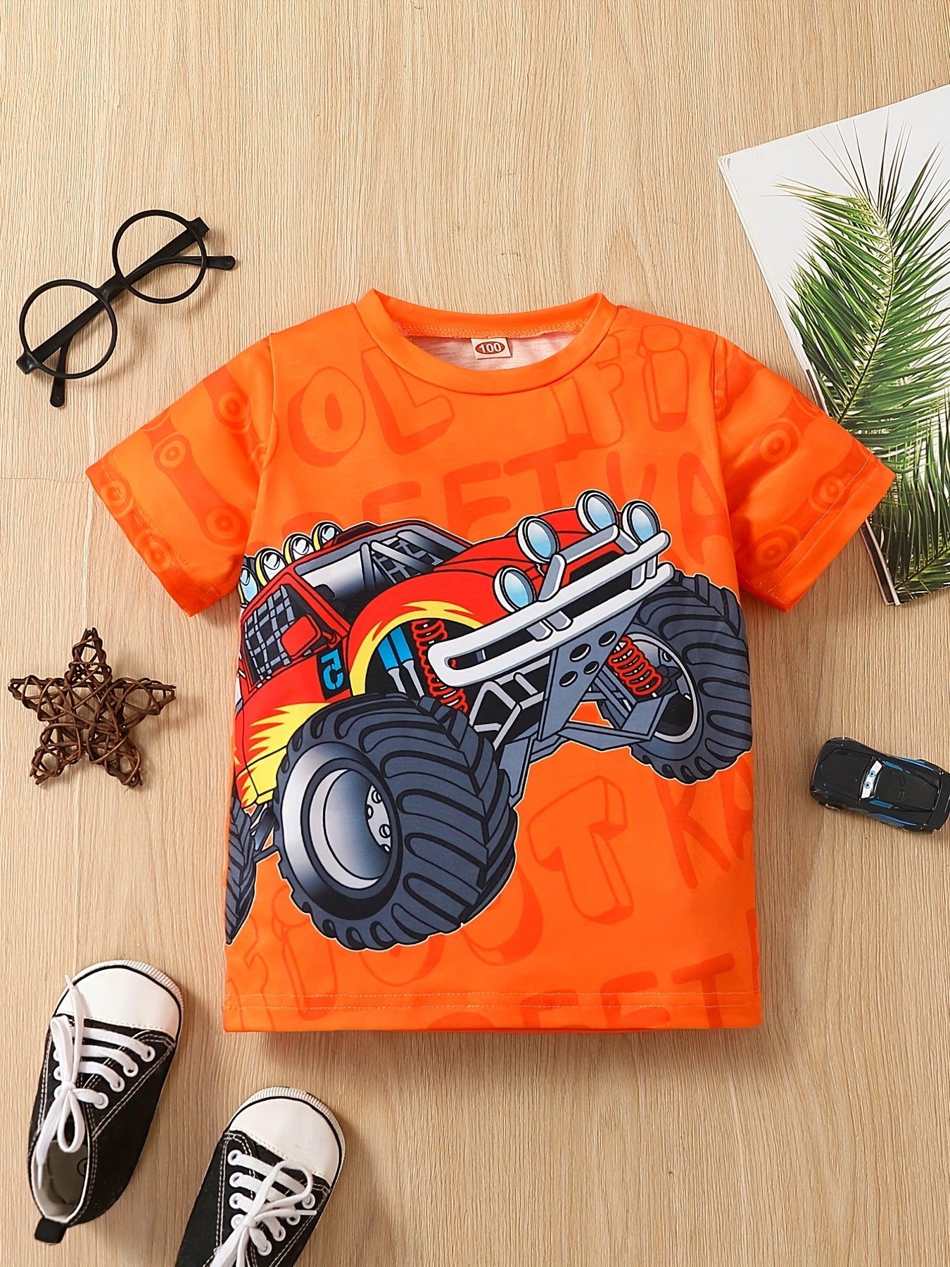 Children's Short-Sleeved T-Shirt with Cartoon Car Print
