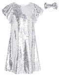 GRACE KARIN Girl 2024 Sequin Party Dress Flutter Sleeve Sparkly Flare Loose Midi Prom Dress(Silver8-10 Years)