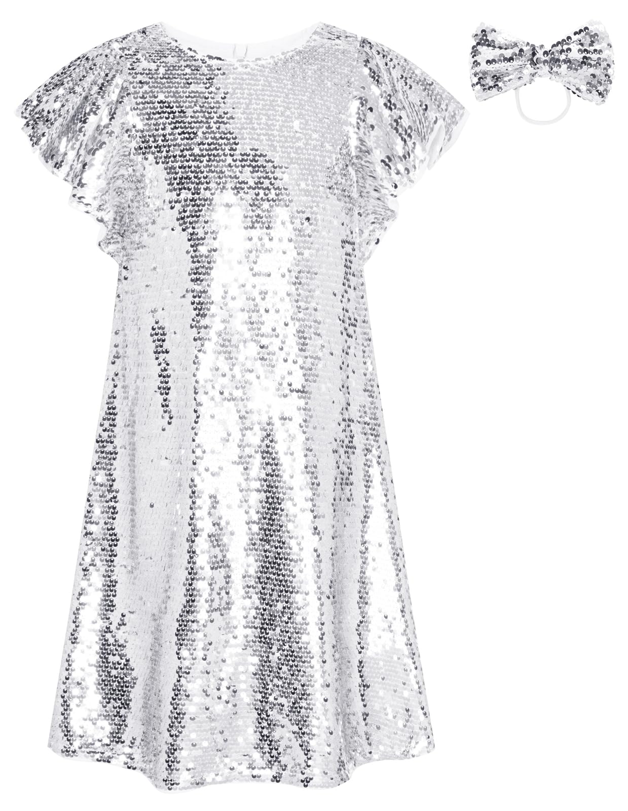 GRACE KARIN Girl 2024 Sequin Party Dress Flutter Sleeve Sparkly Flare Loose Midi Prom Dress(Silver8-10 Years)