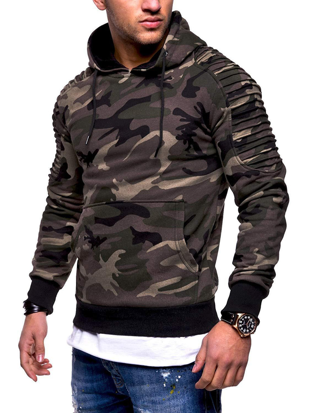 Camo Sweatshirt with Hood and Ruffled Design