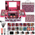 Anpro All-In-One Leopord Double Folding Makeup Carry Case with Pro Teen Makeup Set Full Starter Kit with Makeup Brushes Lipsticks Eyeshadow Palette Blushes Glitter Gel Ideal Present for Girls